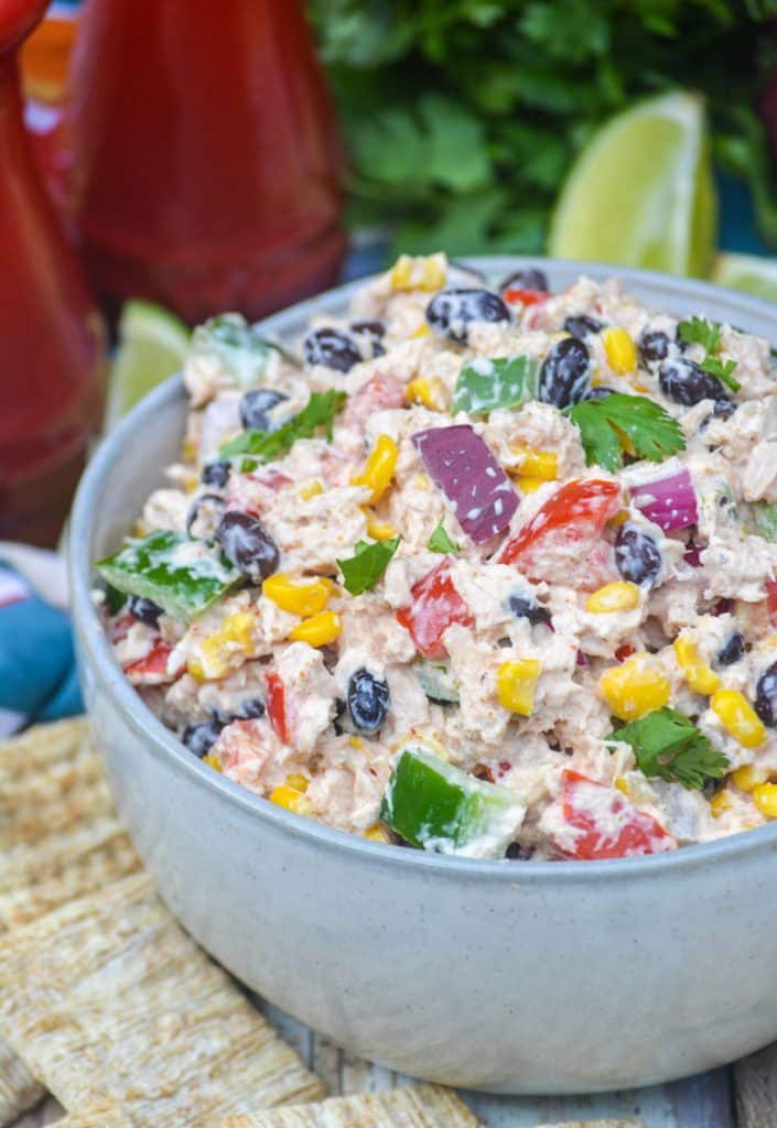 mexican tuna salad in a gray bowl