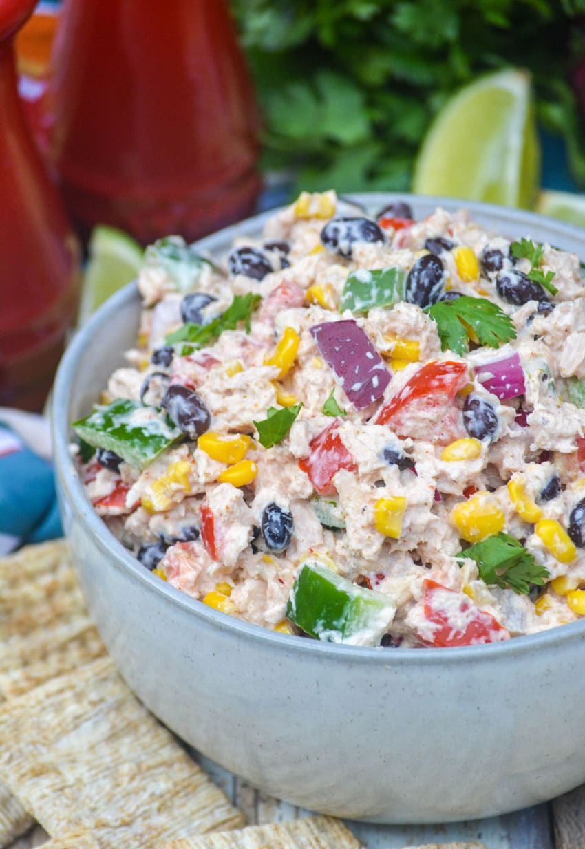 mexican tuna salad in a gray bowl
