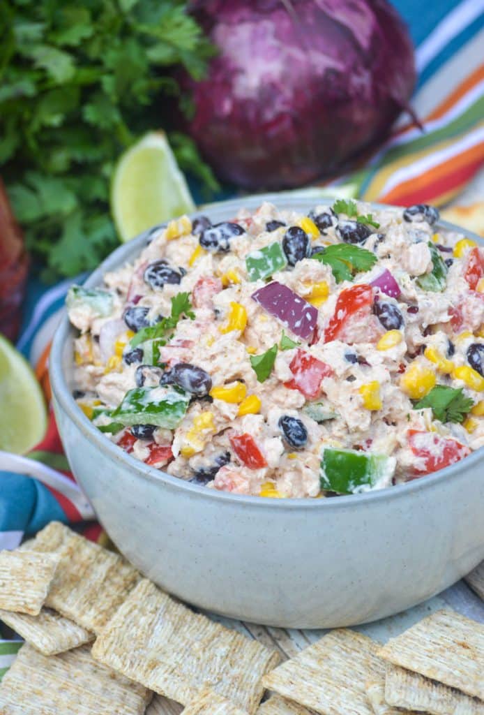 mexican tuna salad in a gray bowl