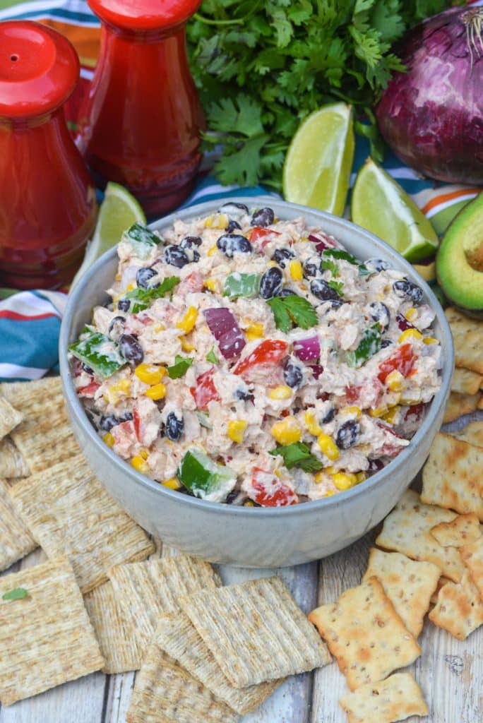 mexican tuna salad in a gray bowl