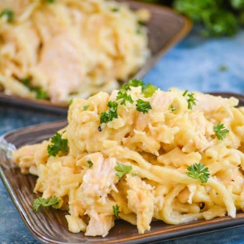 cheesy chicken & noodles on a brown plate with fresh herbs in the background