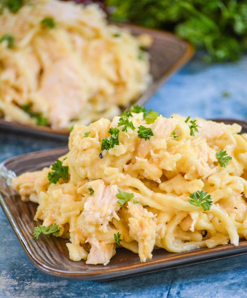 cheesy chicken & noodles on a brown plate with fresh herbs in the background