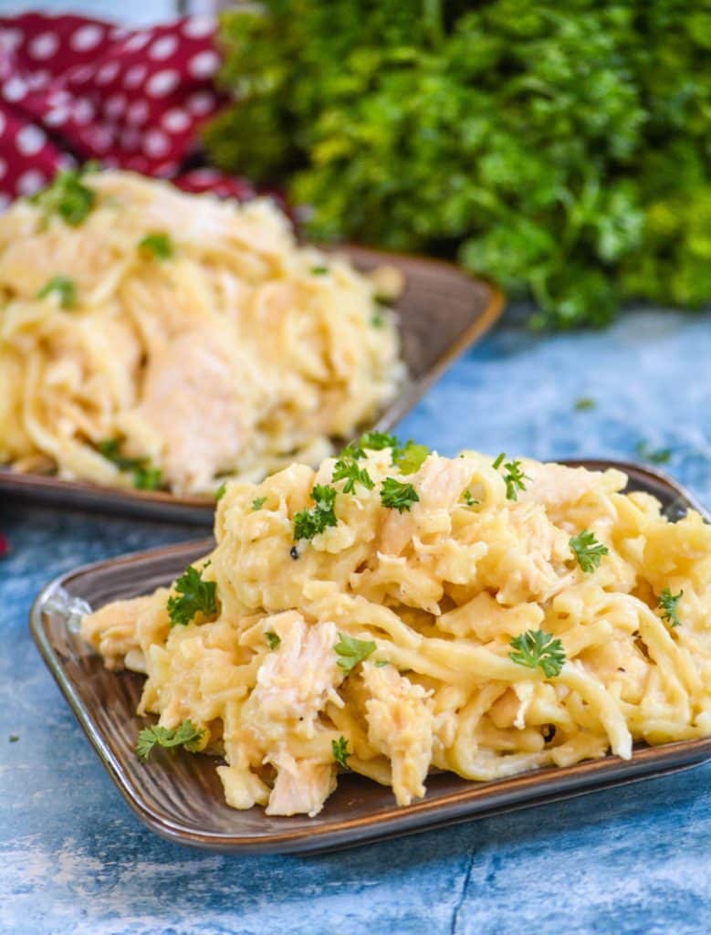 cheesy chicken & noodles on a brown plate with fresh herbs in the background