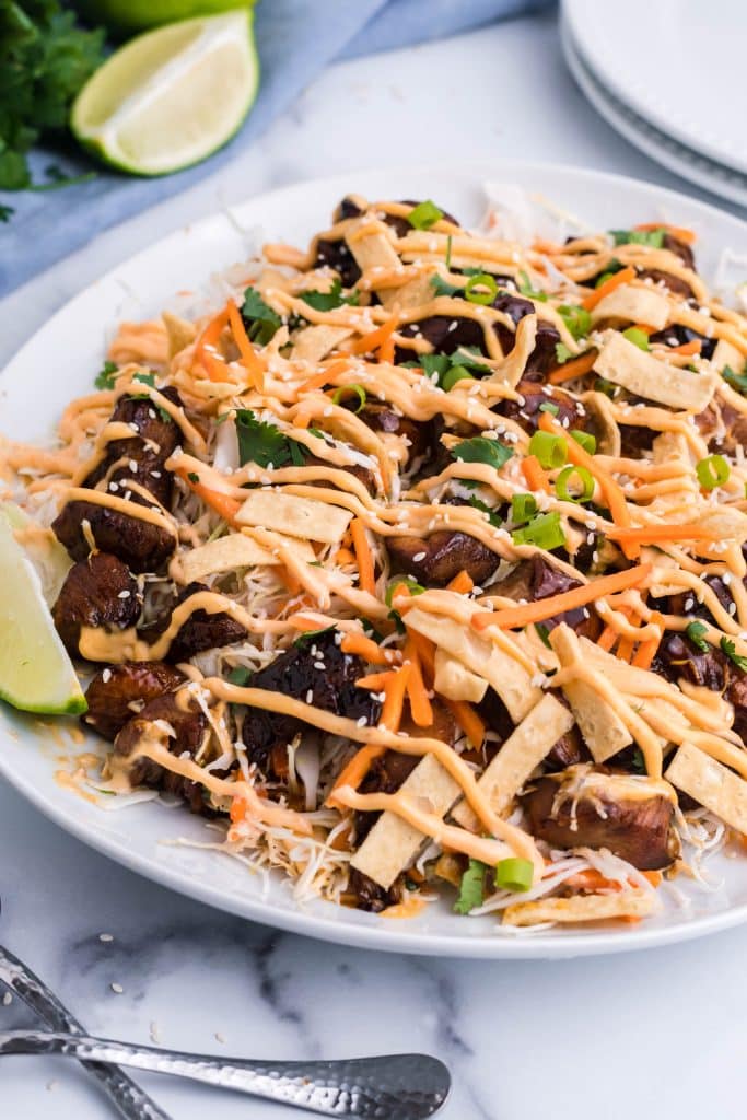 Asian chicken nachos drizzle with sriracha cream sauce on a white plate