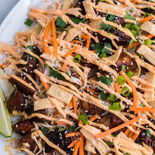 Asian chicken nachos drizzle with sriracha cream sauce on a white plate