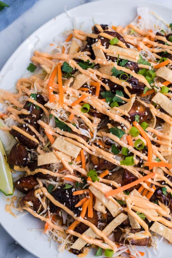 Asian chicken nachos drizzle with sriracha cream sauce on a white plate
