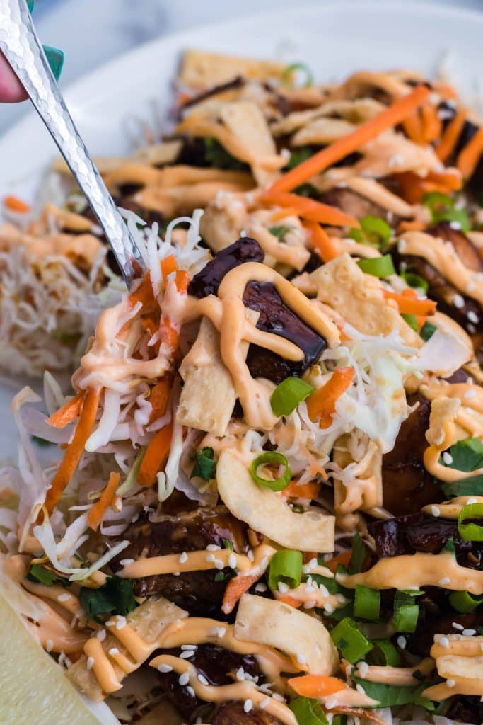 a silver spoon lifting up a serving of Asian chicken nachos