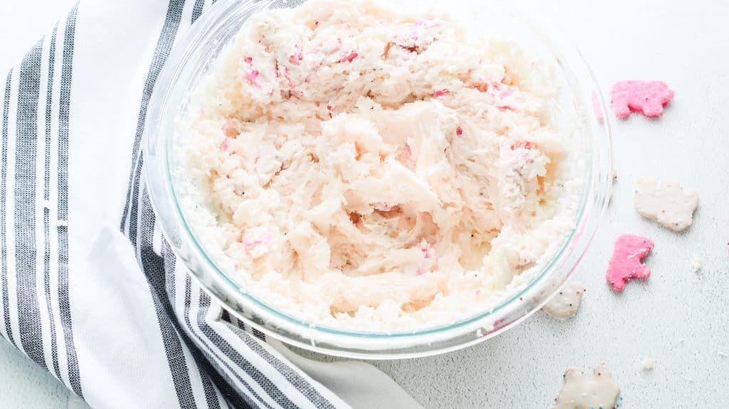 circus cookie fudge batter in a glass mixing bowl