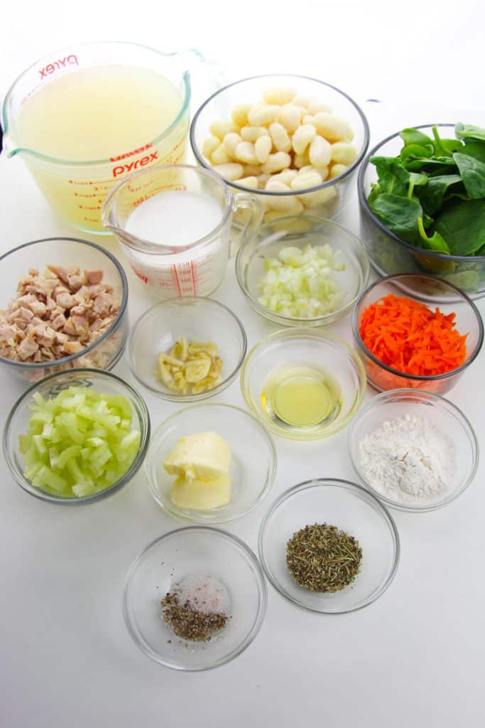 image showing the measured ingredients for a batch of olive garden's chicken and gnocchi soup