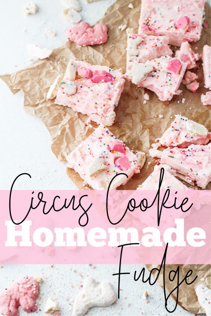 pinterest pin image with text overlay for circus cookie fudge