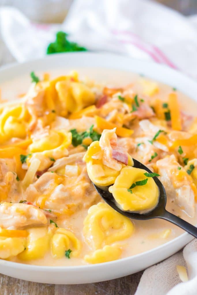 a black spoon digging into a white bowl filled with slow cooker crack chicken soup with tortellini