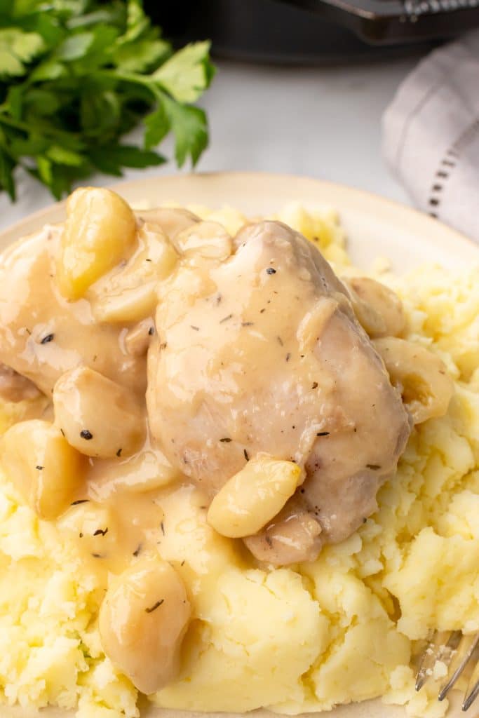 pan seared chicken thighs in garlic gravy served over a bed of mashed potatoes on a white plate
