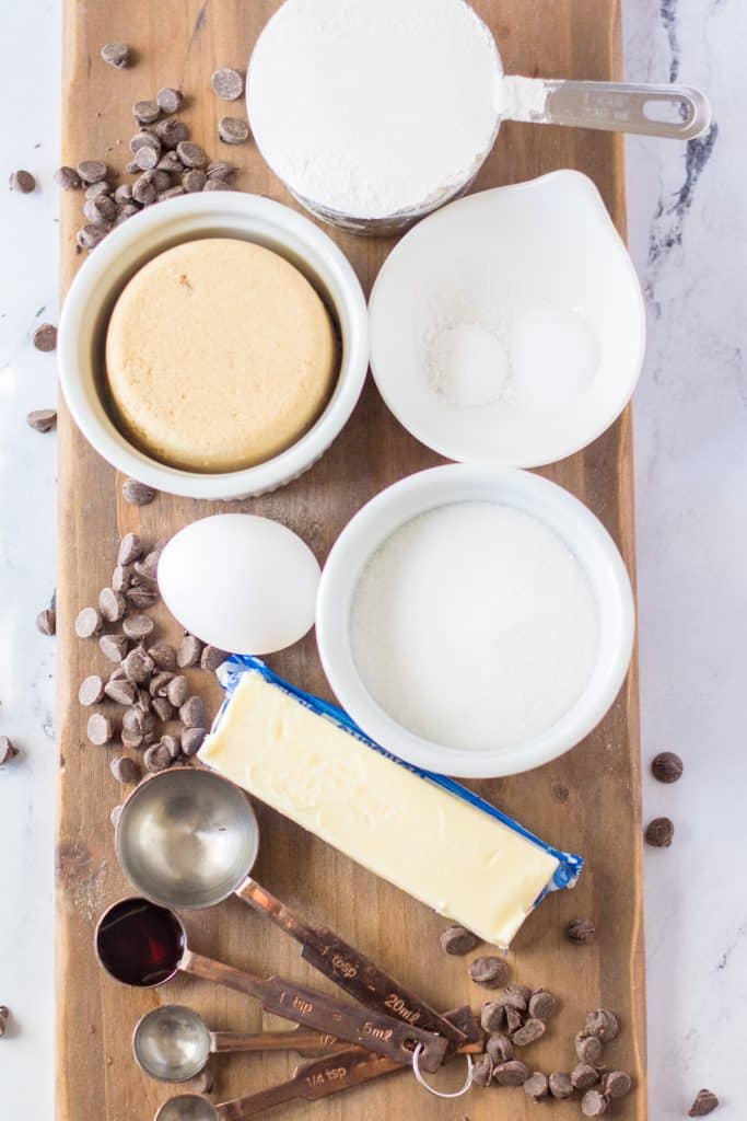 overhead image showing the measured ingredients needed for a batch of giant chocolate chip cookies