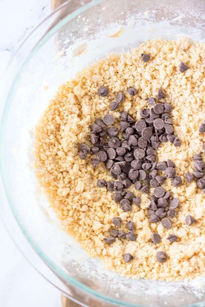 giant chocolate chip cookies ingredients in a large glass mixing bowl