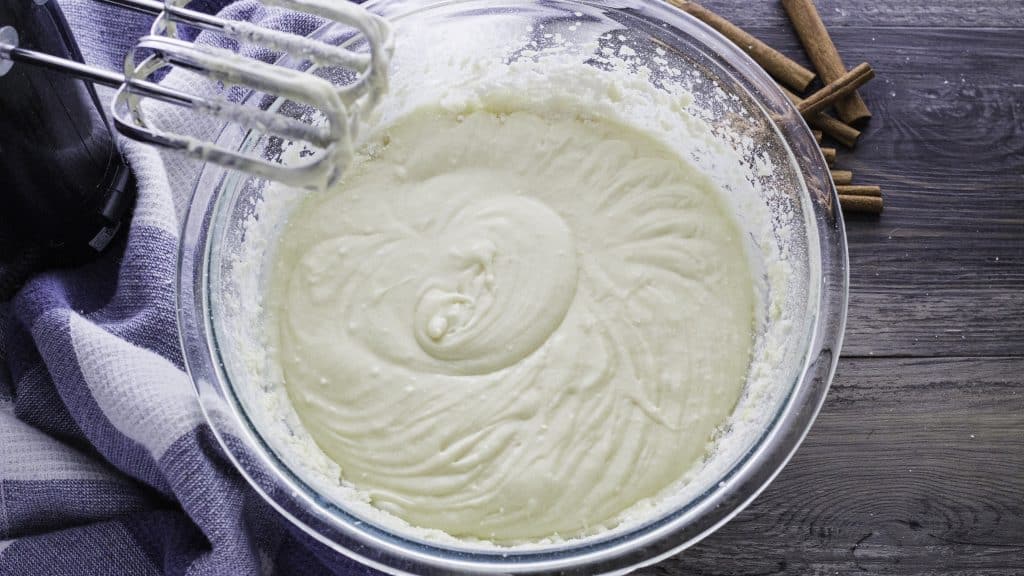 batter mixed in a glass mixing bowl