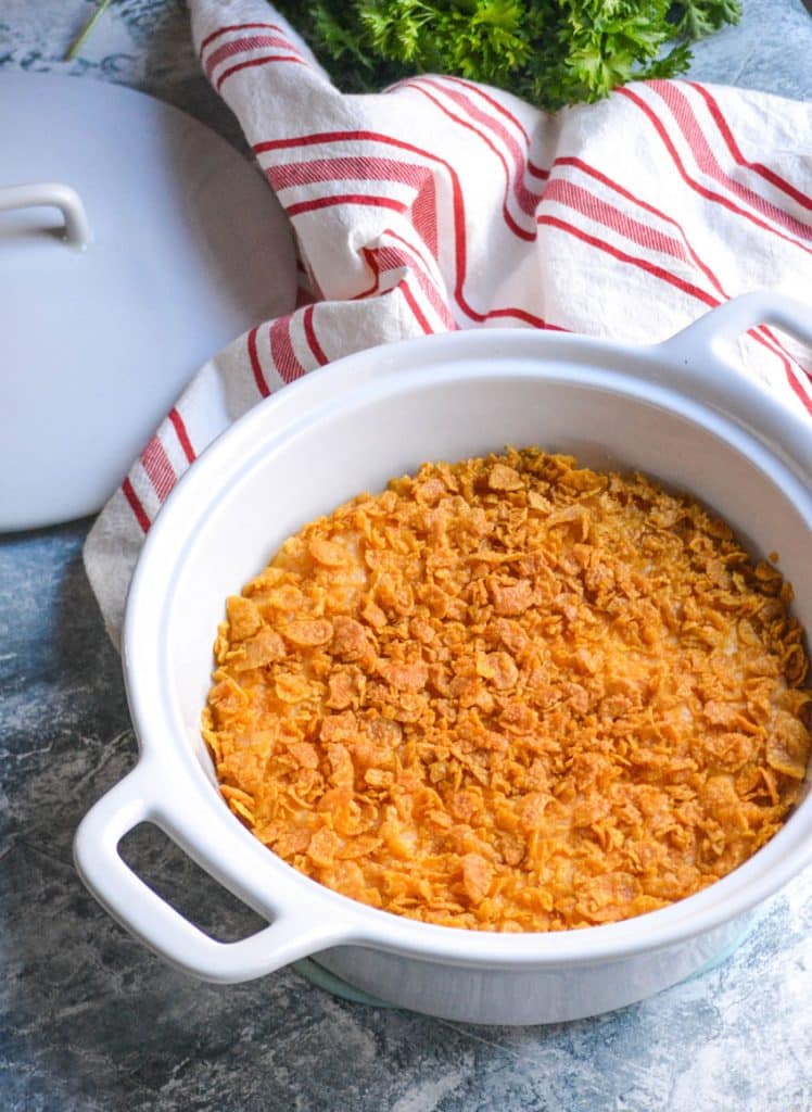 Instant pot funeral potatoes in a white casserole dish