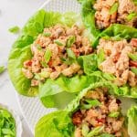 chicken lettuce wraps on a white plate