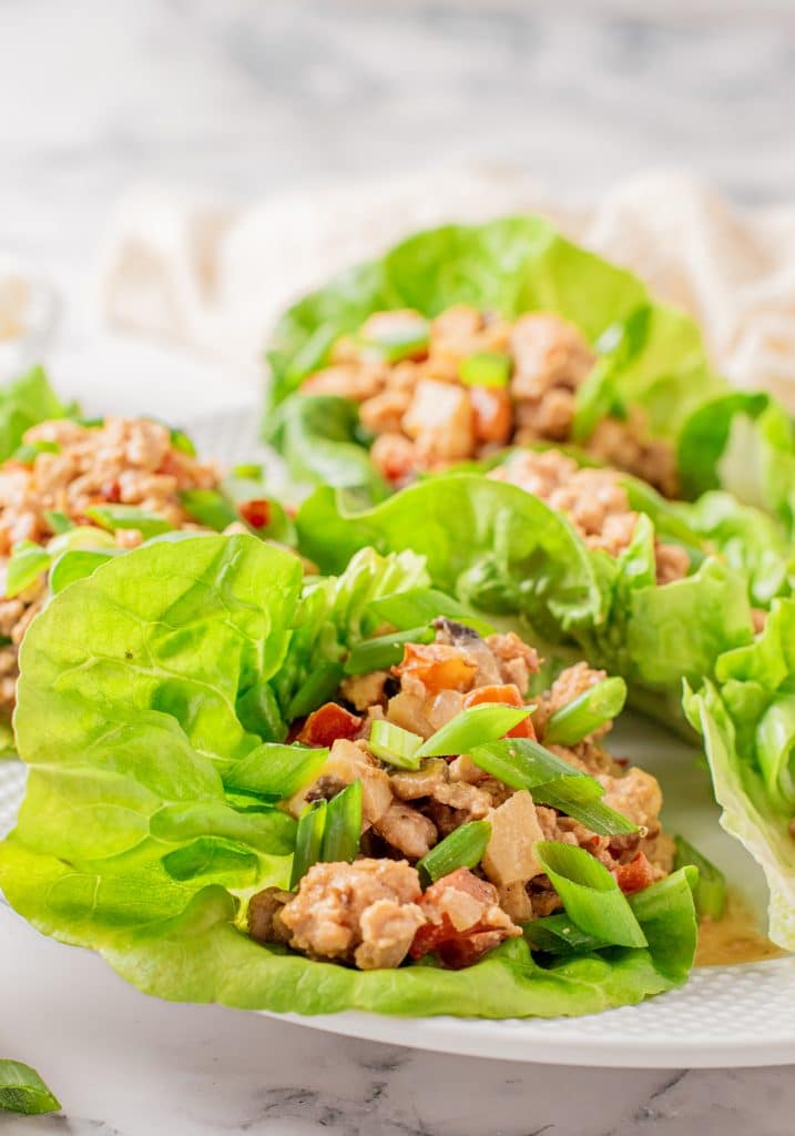 Asian chicken lettuce wraps arranged on a white plate