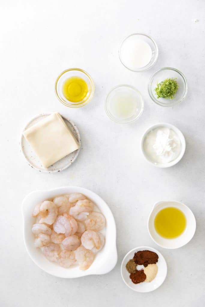 overhead image showing the measured ingredients needed to make a batch of shrimp taco bites