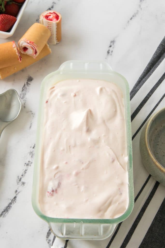 little debbie strawberry shortcake rolls ice cream in a glass loaf pan