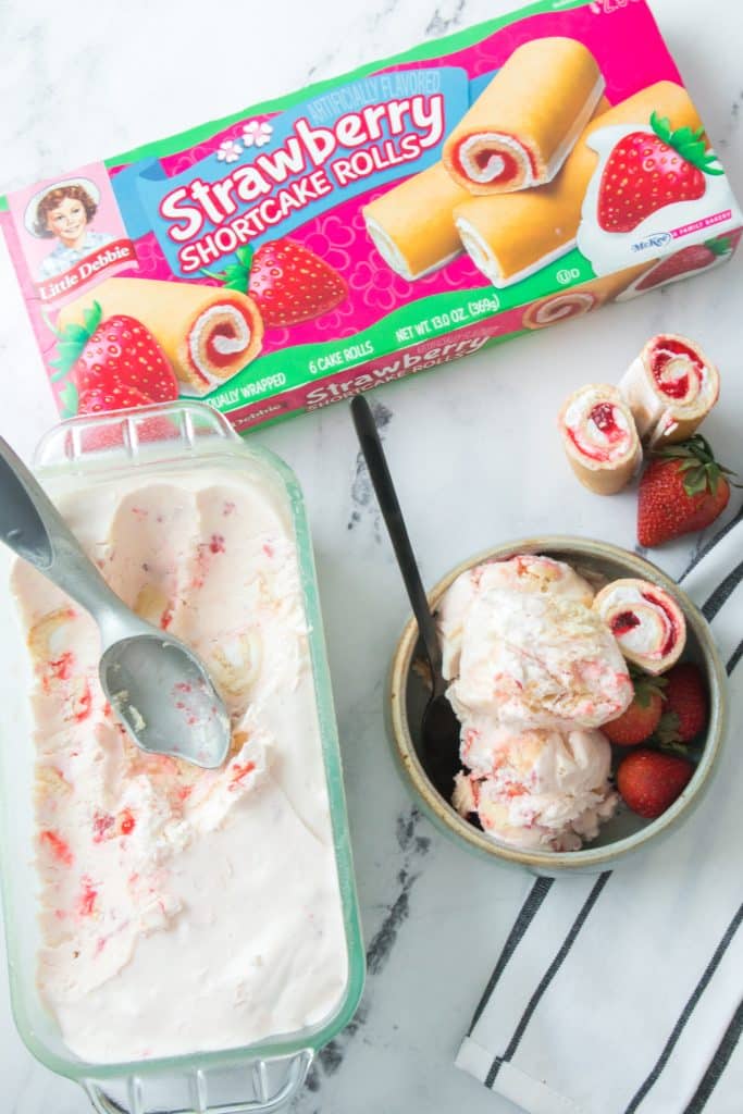 copycat little debbie strawberry shortcake ice cream in a gray bowl