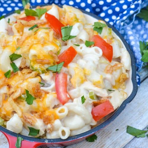 tuna melt mac and cheese in a red skillet