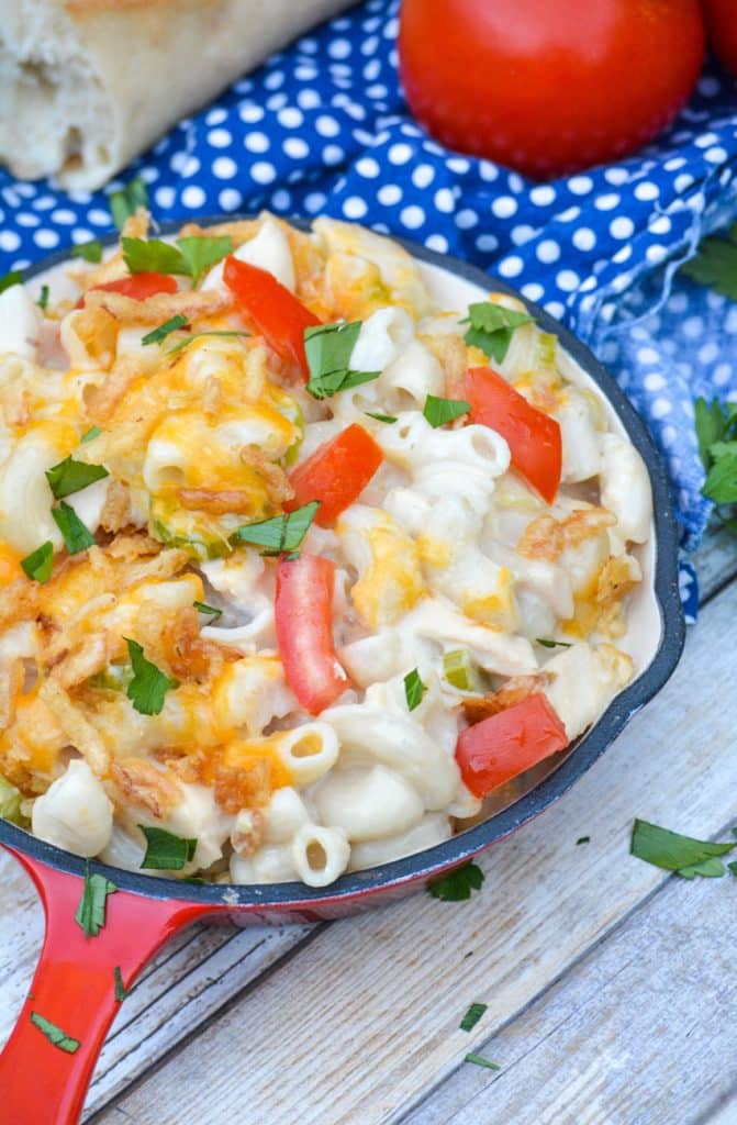 tuna melt mac and cheese in a red skillet