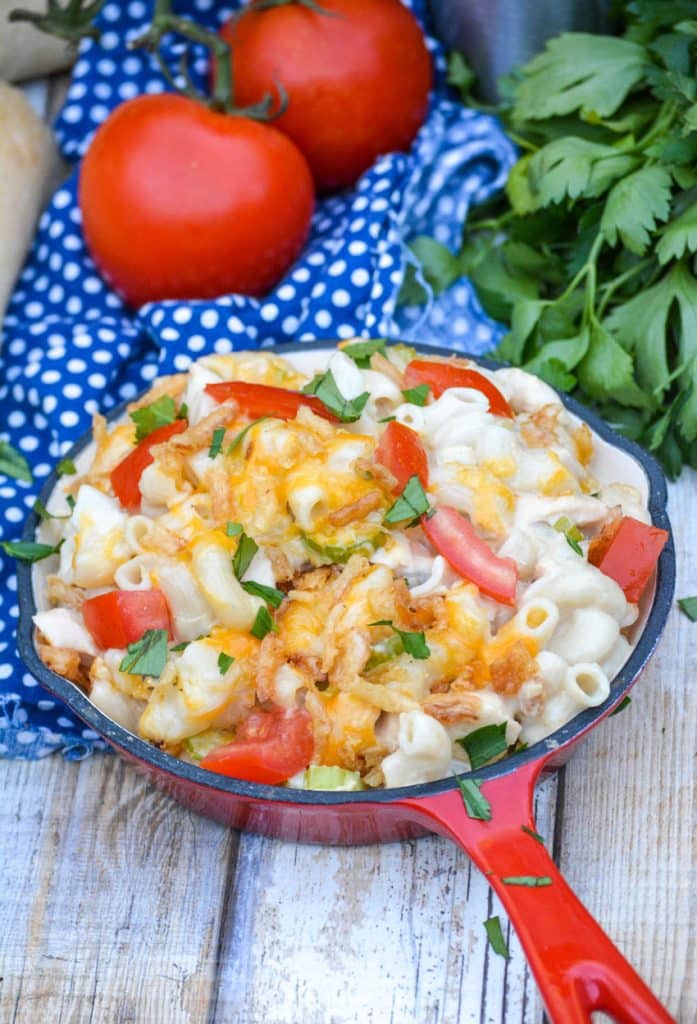 tuna melt mac and cheese in a red skillet