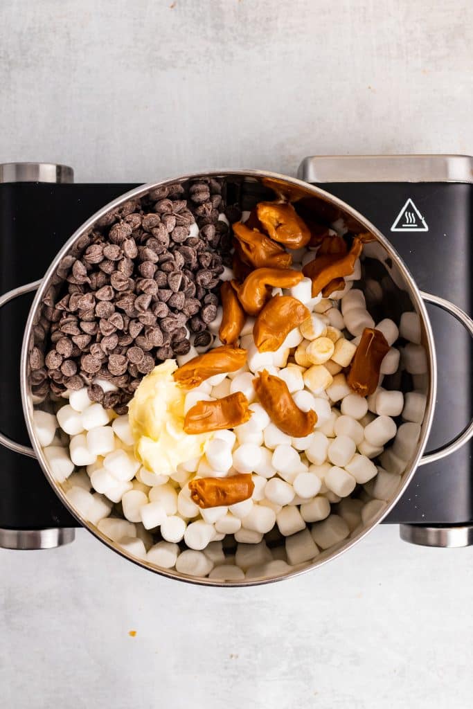 ingredients in a silver pot for chocolate ganache
