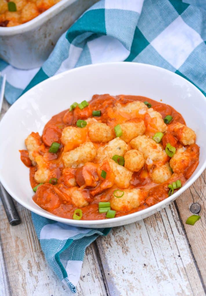 Chili Cheese Dog Tater Tot Casserole - The Quicker Kitchen