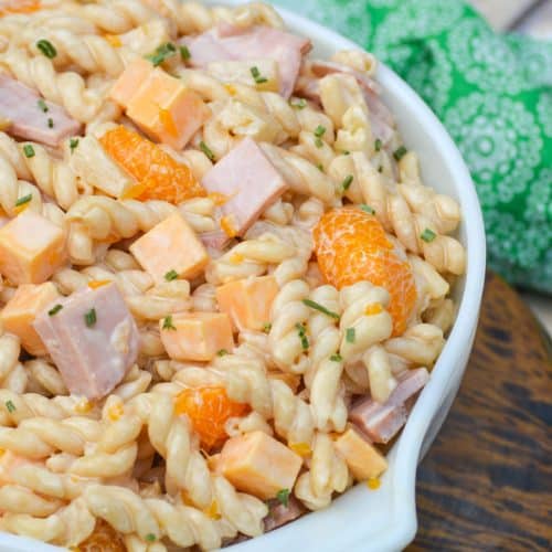 hawaiian pasta salad in a large white mixing bowl