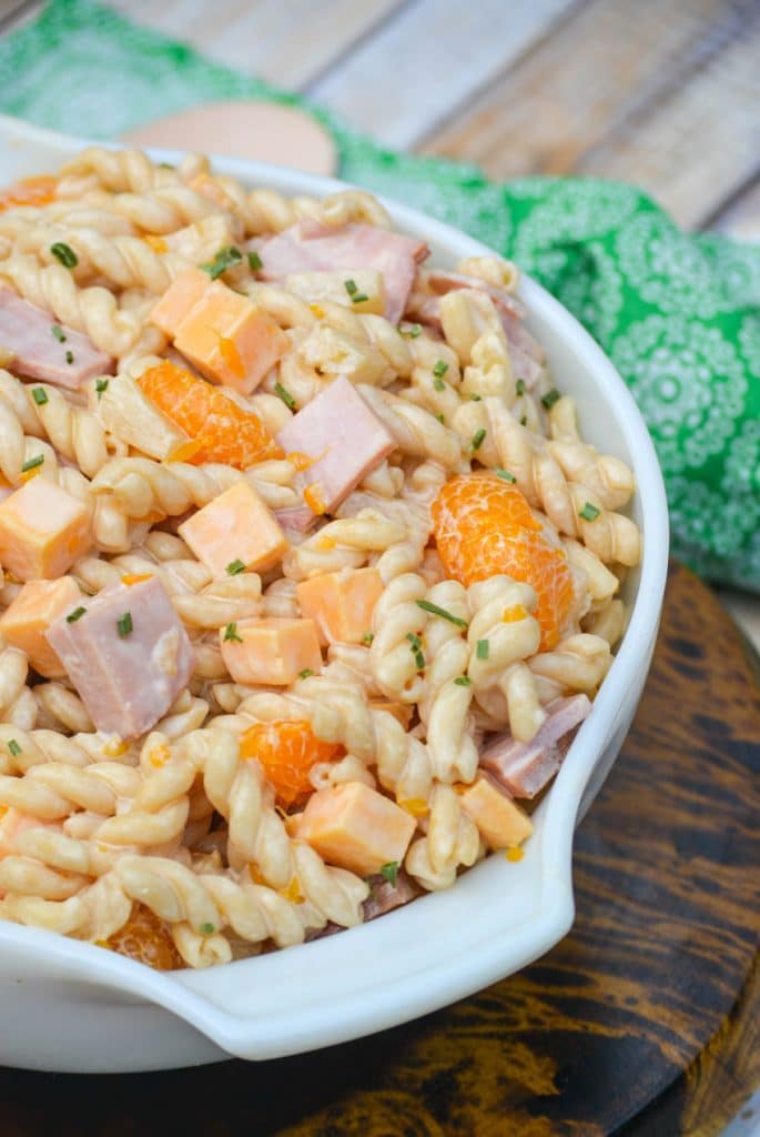 hawaiian pasta salad in a large white mixing bowl