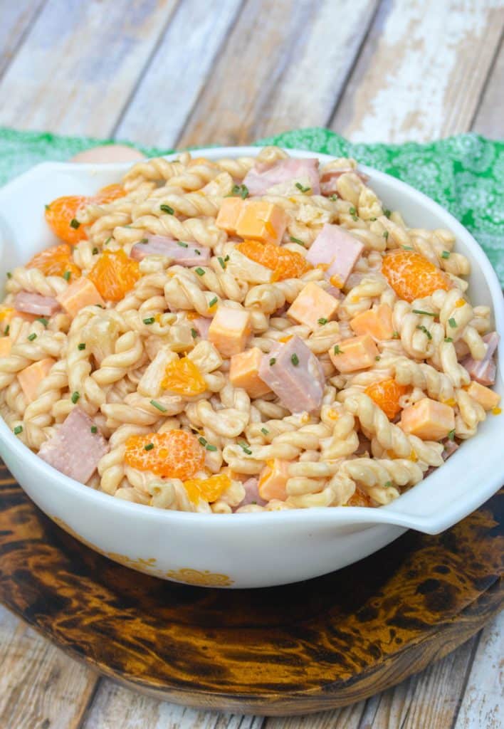 hawaiian pasta salad in a large white mixing bowl