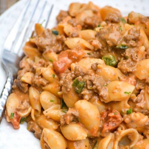 mac and cheese goulash on a white plate with a silver fork on the side