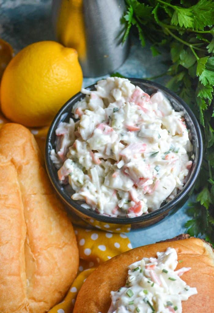 quick & easy seafood salad in a black bowl