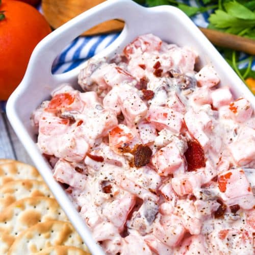 creamy tomato bacon dip in a white dish