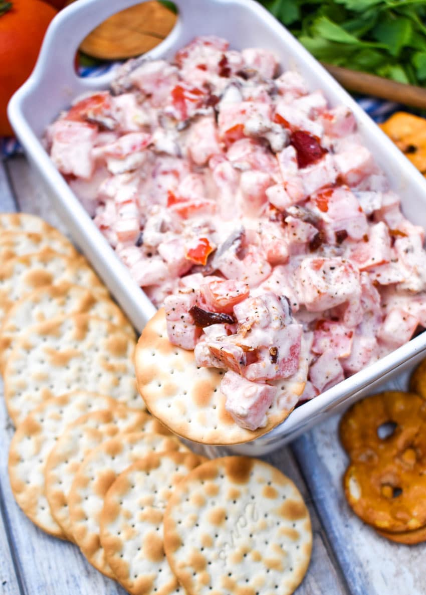 a creamy tomato dip covered water cracker resting on the side of a white serving dish