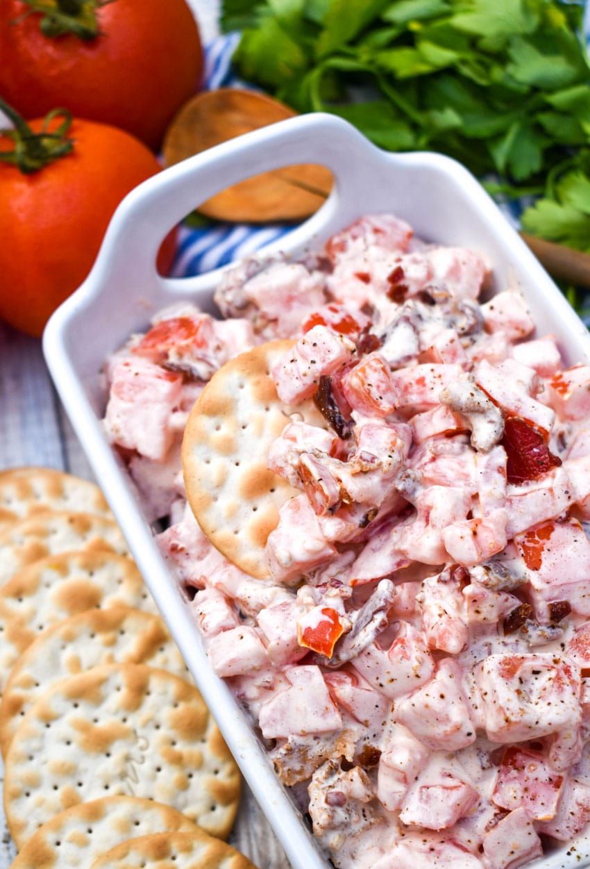 a water cracker stuck in a white dish filled with tomato bacon dip