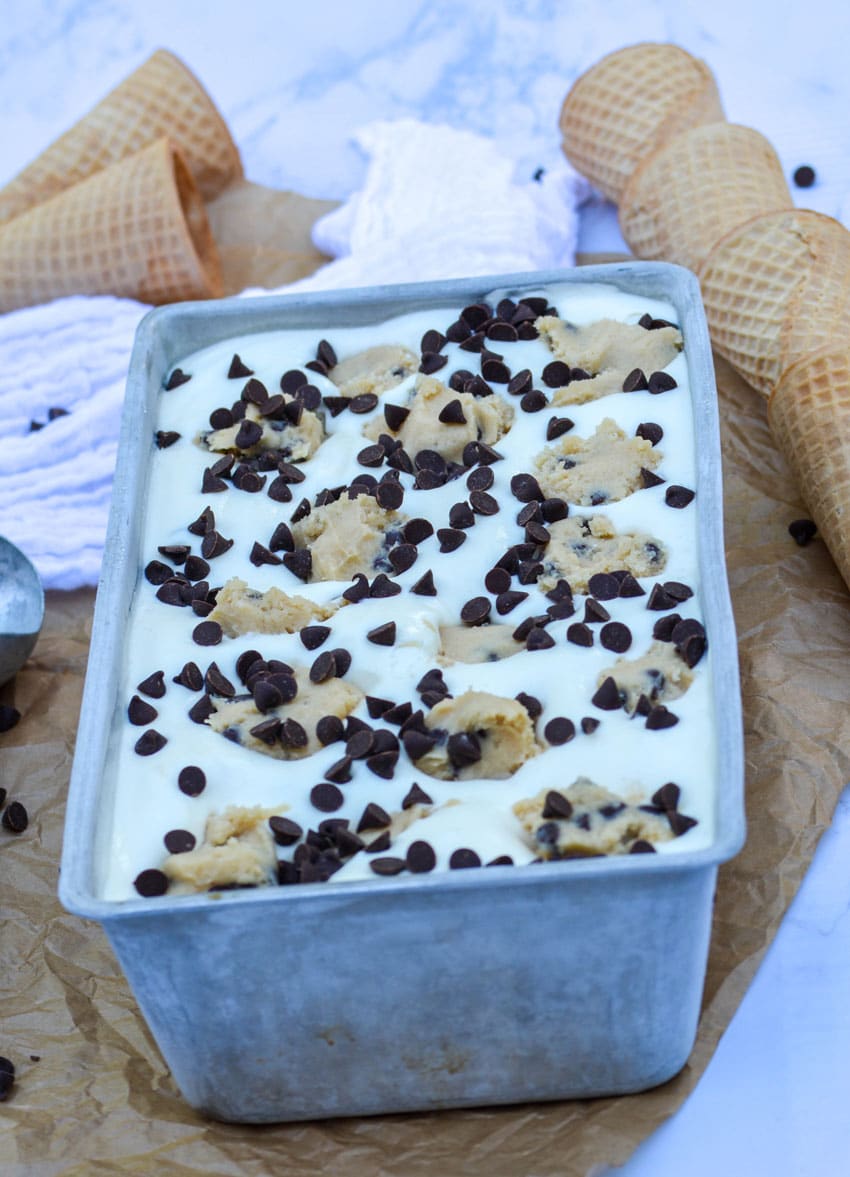 no churn cookie dough ice cream in a metal loaf pan