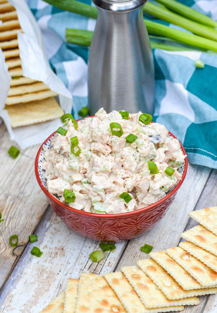 Southern style chicken salad in a red bowl