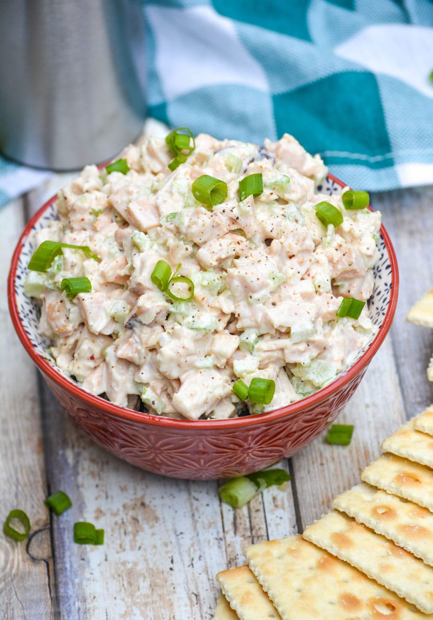 Southern chicken salad in a red bowl
