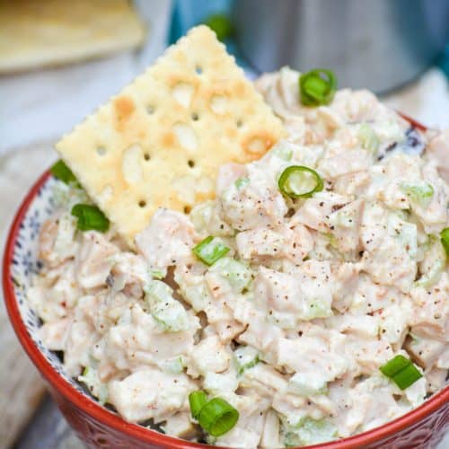 simple Southern chicken salad in a red bowl topped with sliced green onions and a saltine cracker