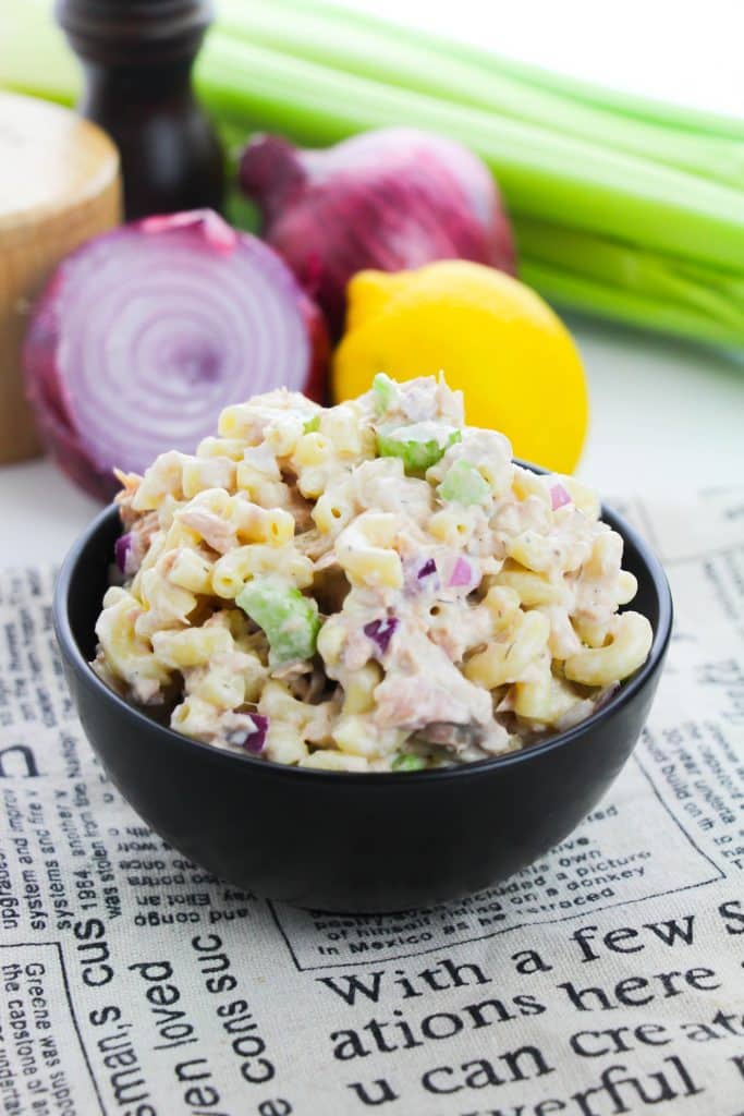 tuna macaroni salad in a small black bowl