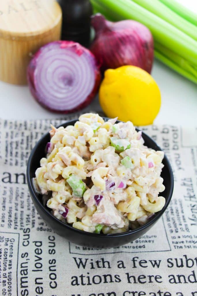 tuna macaroni salad in a small black bowl