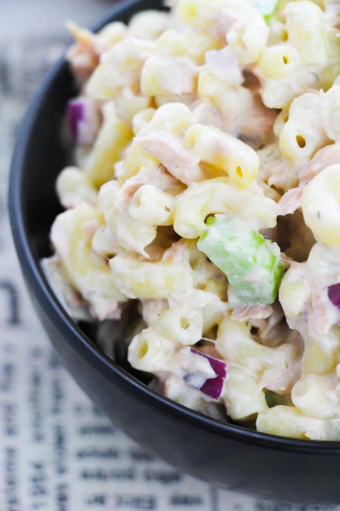 tuna macaroni salad in a small black bowl