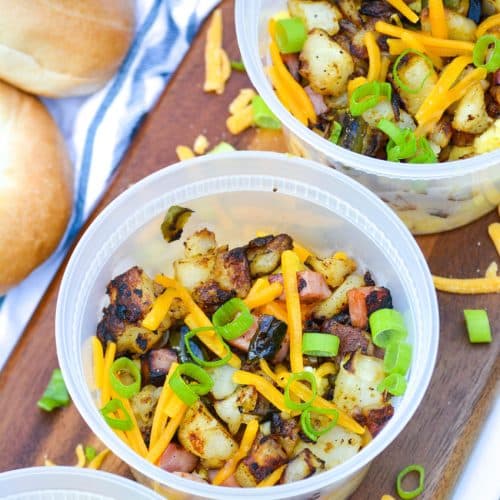 make ahead breakfast bowls on a wooden cutting board