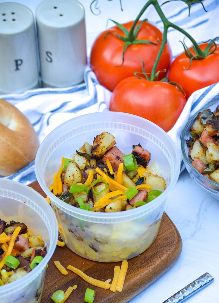 make ahead breakfast bowls on a wooden cutting board