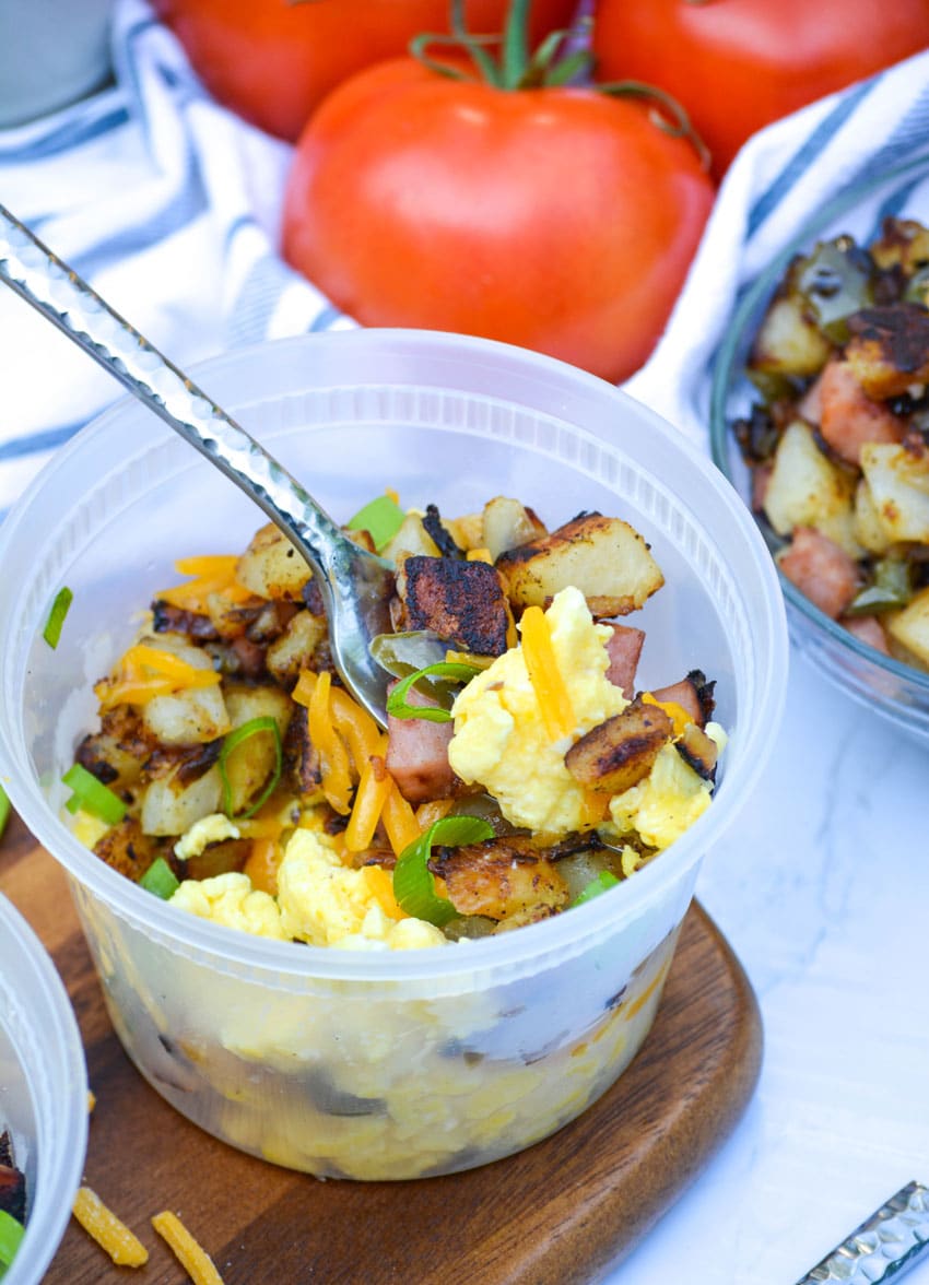 a silver fork stuck in a make ahead breakfast bowl