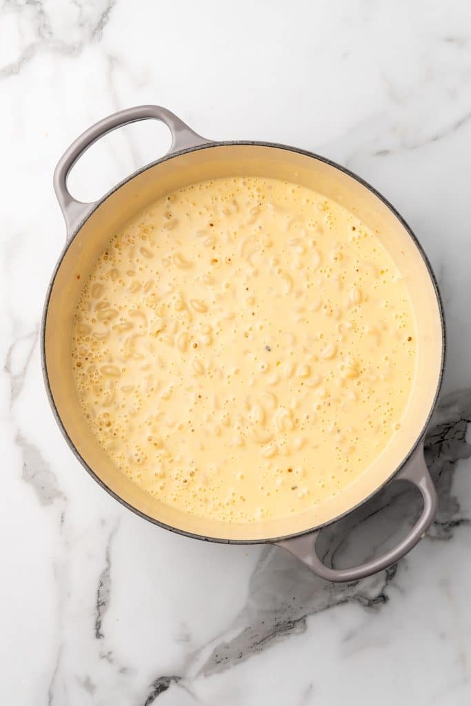 homemade mac and cheese in a large gray pot
