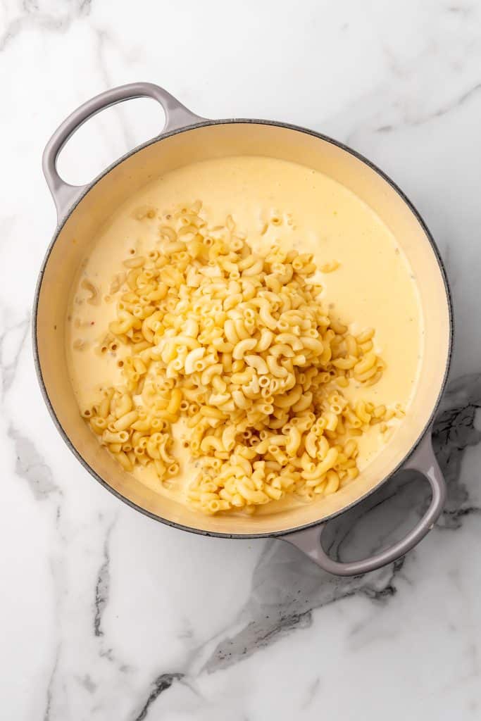 cooked pasta in a pot with cheese sauce